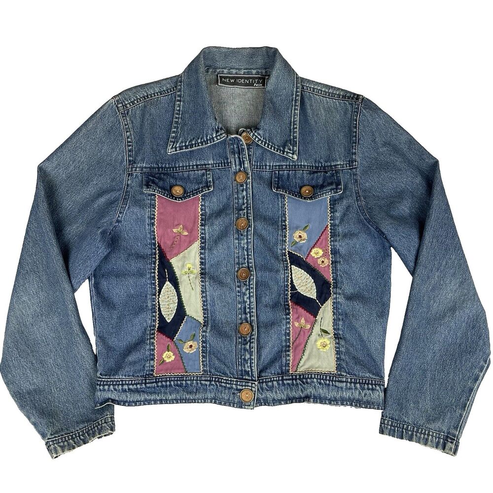 New Identity Denim Jean Jacket Women’s P/M Patchwork Floral Boho 1990's Vintage